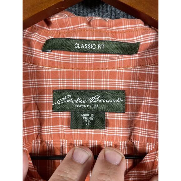 Eddie Bauer Button Down Shirt Men's XL Orange Check Long Sleeve Outdoor Fall - Picture 4 of 9